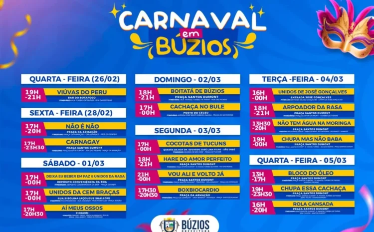 Búzios divulga programação oficial do Carnaval 2025: blocos animam a cidade de 26/02 a 05/03